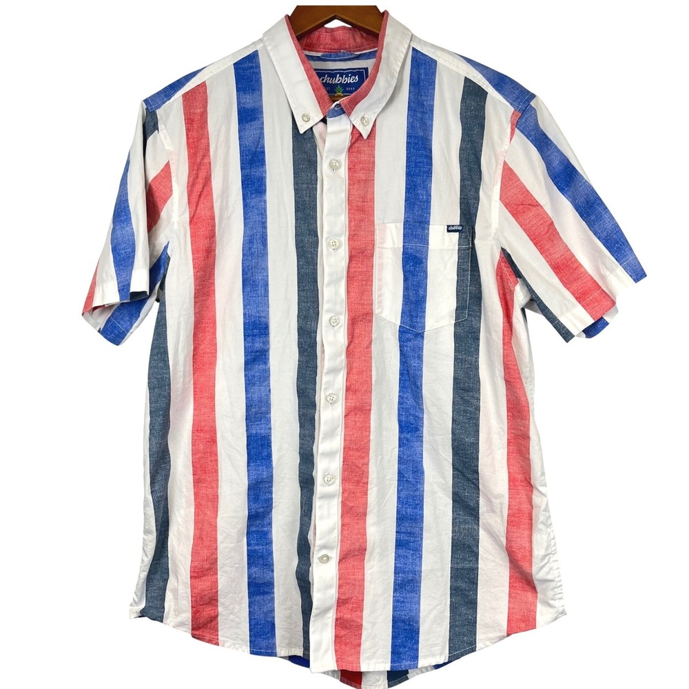 Chubbies Mens XL Short Sleeve Button Down Shirt Red White Blue July 4th Stretch‎